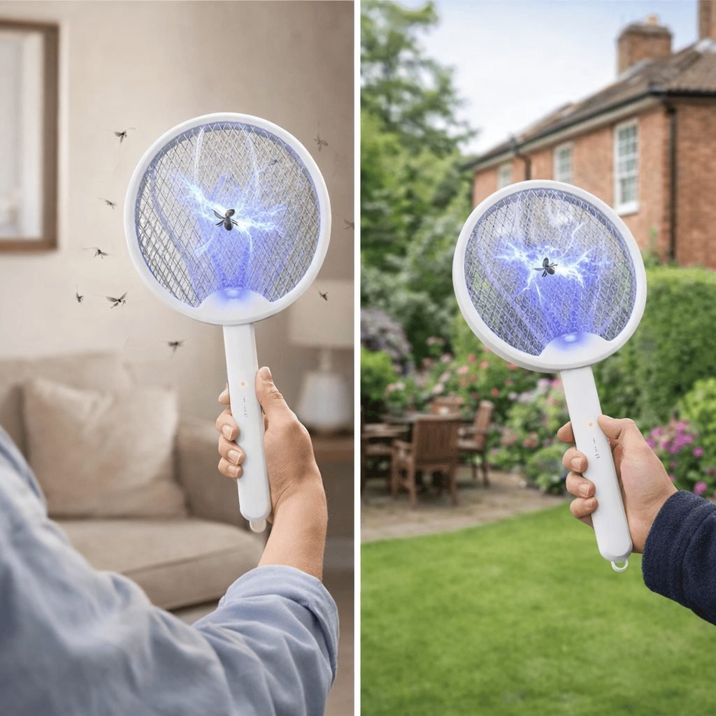 Electric fly swatter being used in a living room and in a garden in daylight