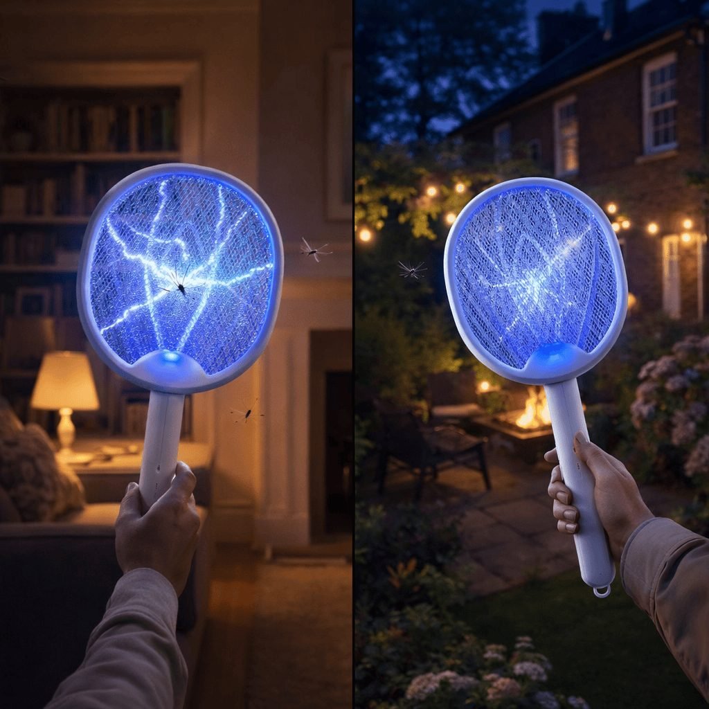 Electric fly swatter being used indoors and in a garden at night
