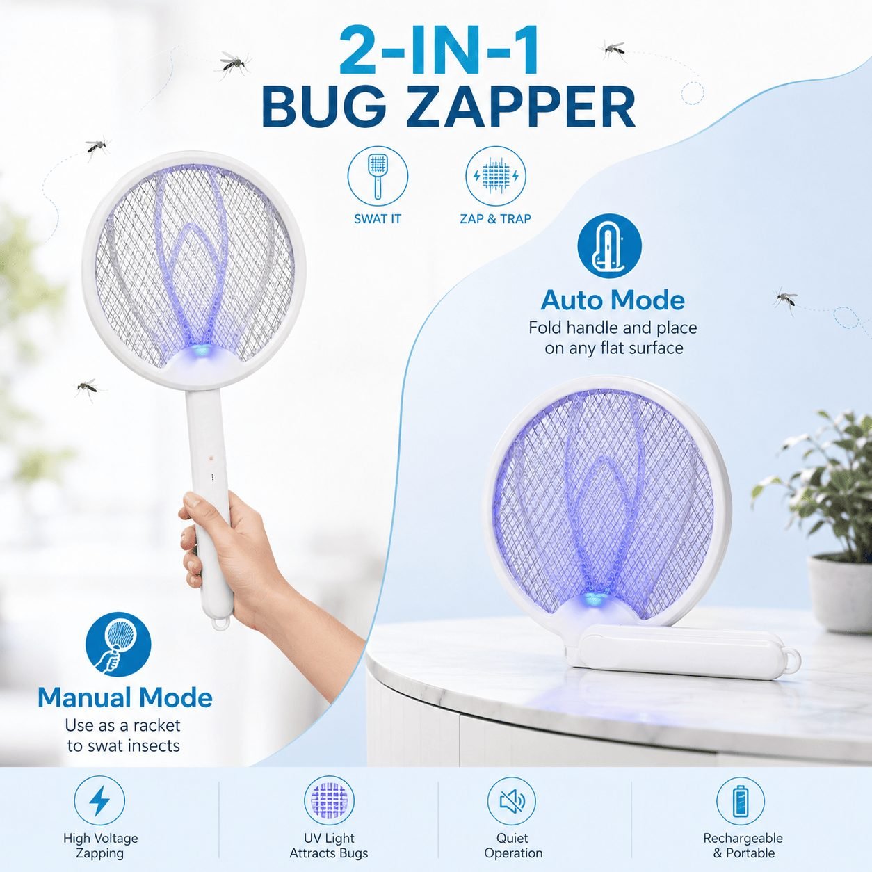 2-in-1 bug zapper shown in manual racket mode and in folded auto mode standing on a table