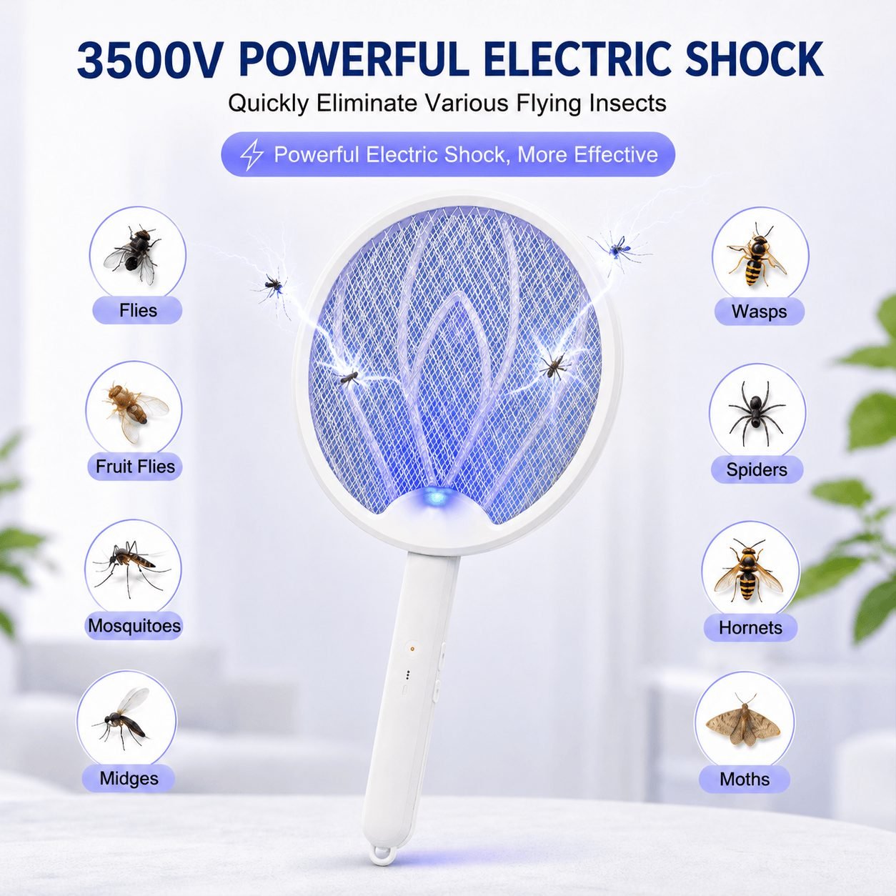 3500V electric fly swatter with icons of flies, wasps, mosquitoes, moths and other flying insects