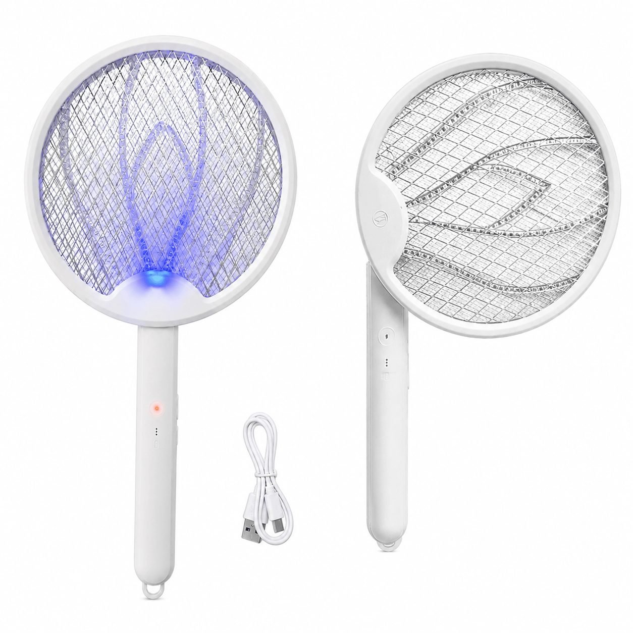 Front and folded views of the rechargeable electric fly swatter with USB-C cable